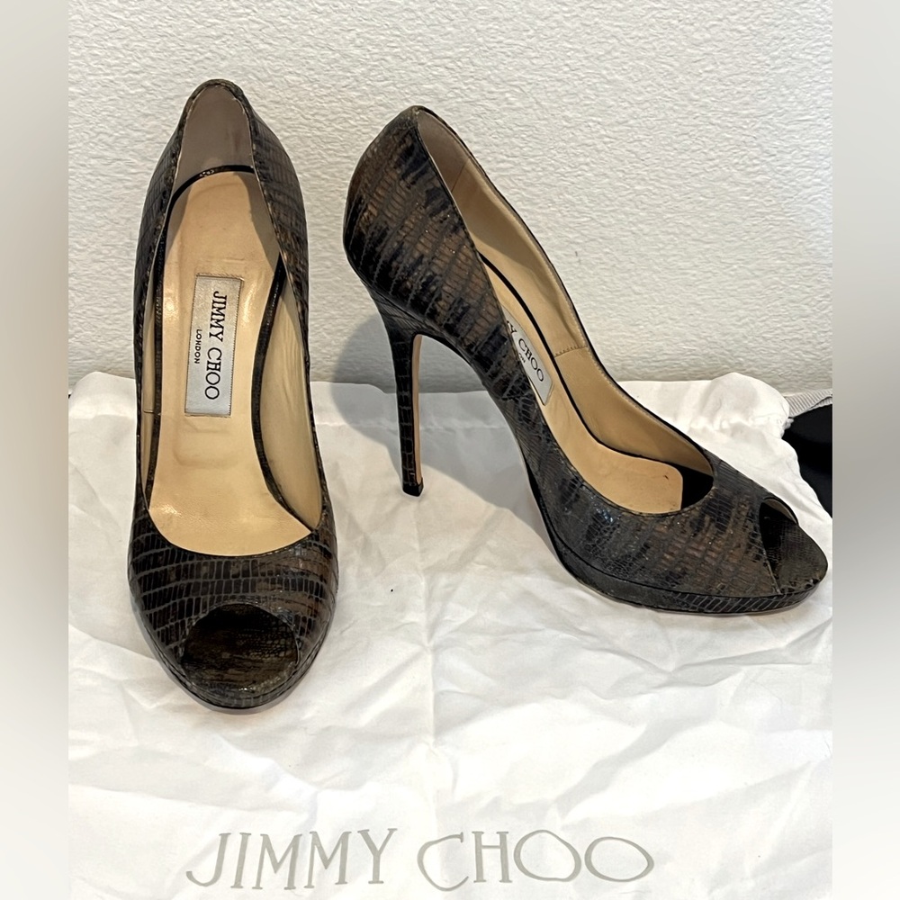Jimmy Choo Gray Reptile Leather Peep Toe Stiletto High Heels 38 - Picture 2 of 9